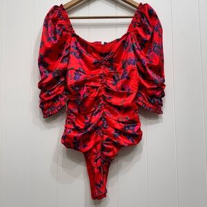 Athina Red Blue Floral Bodysuit Women’s Size Small Puff Sleeves Satin